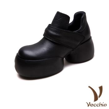 【VECCHIO】全真皮大頭厚底粗跟休閒短靴/全真皮頭層牛皮復古大頭厚底粗跟休閒短靴 女鞋 黑