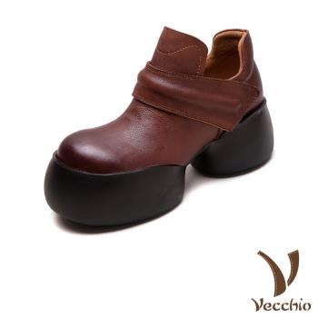 【VECCHIO】全真皮大頭厚底粗跟休閒短靴/全真皮頭層牛皮復古大頭厚底粗跟休閒短靴 女鞋 棕