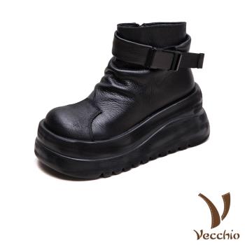 【VECCHIO】全真皮鬆糕厚底皮帶釦飾短靴/全真皮頭層牛皮時尚鬆糕厚底皮帶釦飾短靴 女鞋 黑
