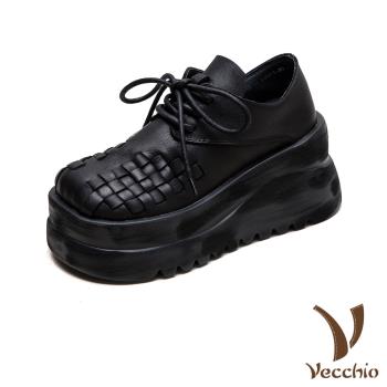 【VECCHIO】全真皮編織輕量鬆糕厚底休閒鞋/全真皮復古編織輕量鬆糕厚底繫帶休閒鞋 女鞋 黑
