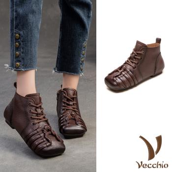【VECCHIO】真皮編織繫帶低跟短靴/真皮頭層牛皮復古編織繫帶低跟短靴 女鞋 棕