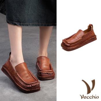 【VECCHIO】全真皮方頭平底樂福鞋/全真皮頭層牛皮手工立體滾邊方頭平底樂福鞋 女鞋 棕