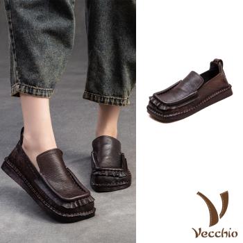 【VECCHIO】全真皮方頭平底樂福鞋/全真皮頭層牛皮手工立體滾邊方頭平底樂福鞋 女鞋 咖