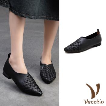 【VECCHIO】全真皮編織尖頭V口低跟鞋/全真皮頭層牛皮復古編織尖頭V口低跟鞋 女鞋 黑