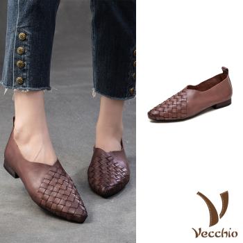 【VECCHIO】全真皮編織尖頭V口低跟鞋/全真皮頭層牛皮復古編織尖頭V口低跟鞋 女鞋 咖