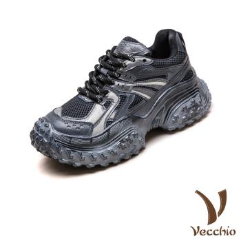 【VECCHIO】真皮透氣網面拼接厚底老爹鞋/真皮透氣網面拼接個性復古厚底老爹鞋 運動鞋 女鞋 黑