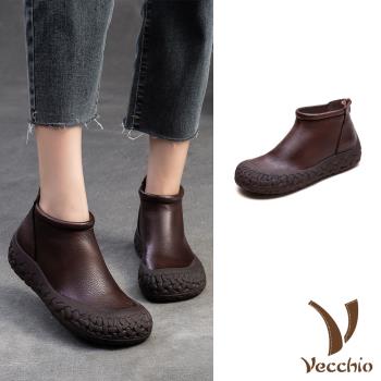 【VECCHIO】全真皮純色小圓頭經典短靴/全真皮頭層牛皮純色小圓頭經典短靴 女鞋 棕