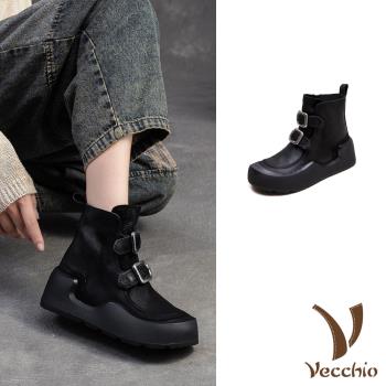 【VECCHIO】全真皮個性雙皮帶釦厚底短靴/全真皮頭層牛皮個性雙皮帶釦飾厚底短靴 女鞋 黑