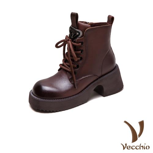 【VECCHIO】真皮復古大圓頭繫帶粗跟馬丁靴/真皮頭層牛皮復古大圓頭繫帶粗跟馬丁靴 女鞋 咖