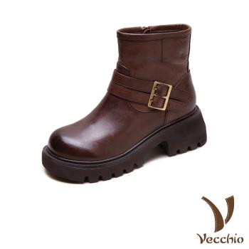 【VECCHIO】全真皮雙細皮帶粗跟短靴/全真皮頭層牛皮經典雙細皮帶造型粗跟短靴 女鞋 咖