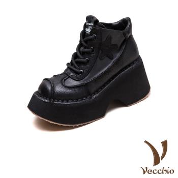 【VECCHIO】真皮拼接輕量坡跟厚底短靴/真皮頭層牛皮復古皮革拼接繫帶輕量坡跟厚底短靴 女鞋 黑
