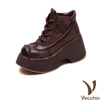 【VECCHIO】真皮拼接輕量坡跟厚底短靴/真皮頭層牛皮復古皮革拼接繫帶輕量坡跟厚底短靴 女鞋 咖