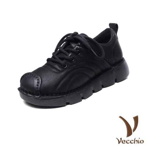 【VECCHIO】真皮縫線拼接厚底休閒鞋/真皮頭層牛皮復古縫線拼接繫帶厚底休閒鞋 女鞋 黑