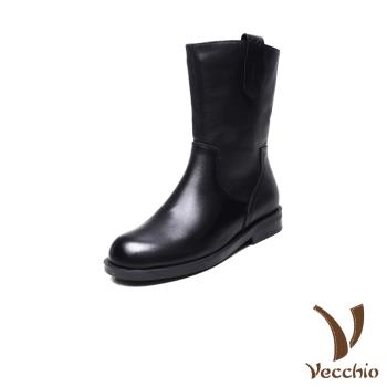 【VECCHIO】全真皮純色素面中筒騎士靴/全真皮頭層牛皮純色素面中筒騎士靴 女鞋 黑