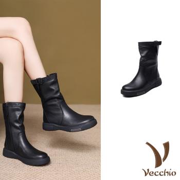 【VECCHIO】水洗牛皮皮帶釦中筒騎士靴/真皮水洗牛皮個性皮帶釦飾造型中筒騎士靴 女鞋 黑
