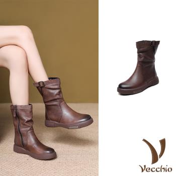 【VECCHIO】水洗牛皮皮帶釦中筒騎士靴/真皮水洗牛皮個性皮帶釦飾造型中筒騎士靴 女鞋 棕
