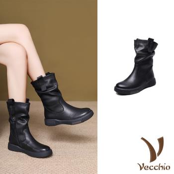 【VECCHIO】水洗牛皮純色中筒騎士靴/真皮水洗頭層牛皮純色素面中筒騎士靴 女鞋 黑