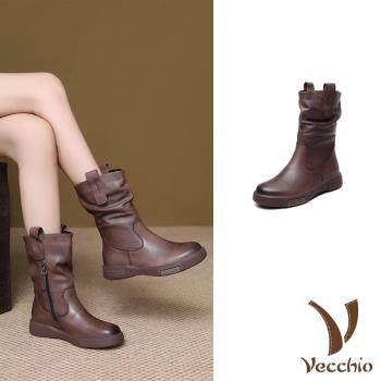 【VECCHIO】水洗牛皮純色中筒騎士靴/真皮水洗頭層牛皮純色素面中筒騎士靴 女鞋 棕