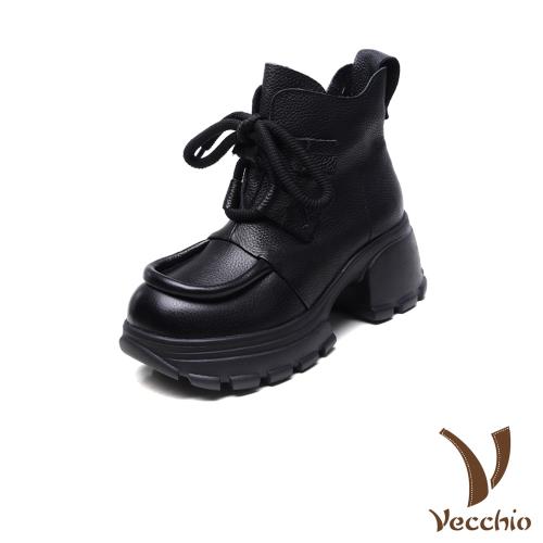 【VECCHIO】全真皮防水台厚底粗跟短靴/全真皮頭層牛皮復古防水台厚底綁帶粗跟短靴 女鞋 黑