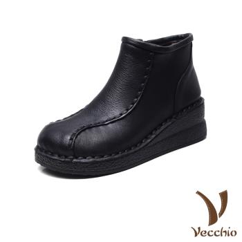 【VECCHIO】真皮復古手縫線坡跟短靴/真皮頭層牛皮復古民族風手工縫線坡跟短靴 女鞋 黑
