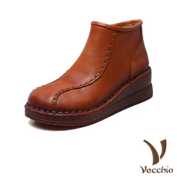 【VECCHIO】真皮復古手縫線坡跟短靴/真皮頭層牛皮復古民族風手工縫線坡跟短靴 女鞋 棕