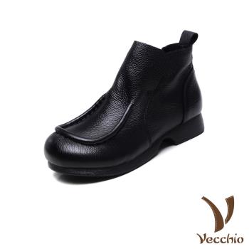 【VECCHIO】全真皮設計低跟短靴/全真皮頭層牛皮立體滾邊設計低跟短靴 女鞋 黑