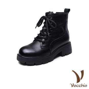 【VECCHIO】真皮經拼接百搭粗跟短靴/真皮頭層牛皮經典流線拼接百搭粗跟短靴 女鞋 黑
