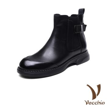 【VECCHIO】真皮皮帶釦飾切爾西短靴/真皮頭層小牛皮皮帶釦飾個性切爾西短靴 女鞋 黑