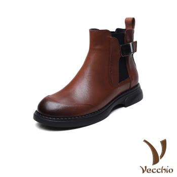 【VECCHIO】真皮皮帶釦飾切爾西短靴/真皮頭層小牛皮皮帶釦飾個性切爾西短靴 女鞋 棕