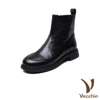 【VECCHIO】真皮百搭純色低跟短靴/真皮頭層小牛皮百搭純色低跟短靴 女鞋 黑