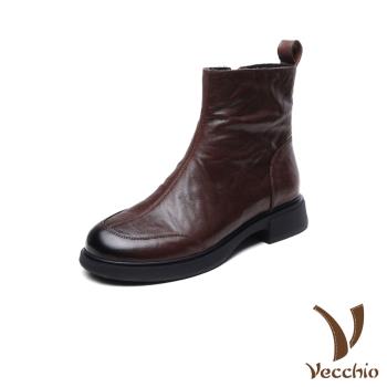 【VECCHIO】真皮百搭純色低跟短靴/真皮頭層小牛皮百搭純色低跟短靴 女鞋 棕