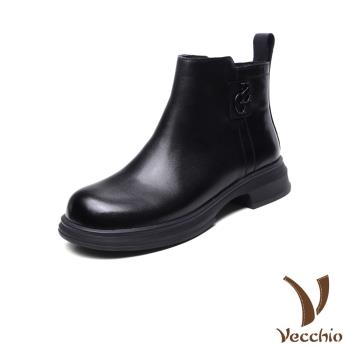 【VECCHIO】全真皮純色素面低跟短靴/全真皮頭層小牛皮純色素面低跟短靴 女鞋 黑