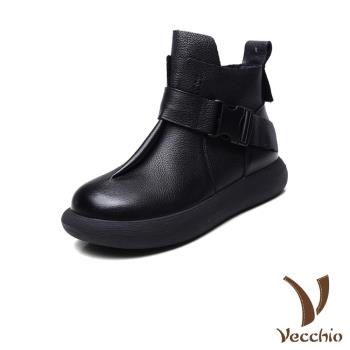 【VECCHIO】真皮復古寬皮帶釦飾厚底短靴/真皮頭層牛皮復古寬皮帶釦飾厚底短靴 女鞋 黑
