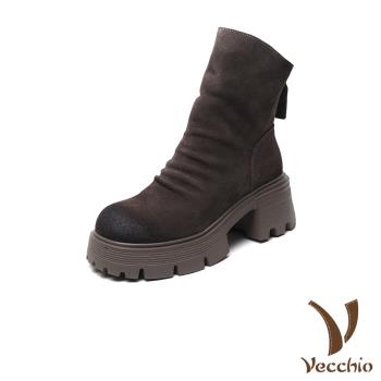 【VECCHIO】磨砂牛皮擦色厚底粗跟短靴/全真皮磨砂牛皮手工擦色厚底粗跟短靴 女鞋 卡其