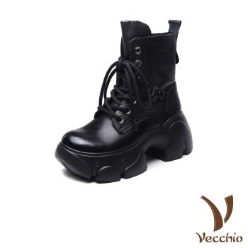 【VECCHIO】全真皮鬆糕厚底休閒馬丁靴/全真皮頭層小牛皮鬆糕厚底百搭休閒馬丁靴 女鞋 黑