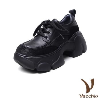 【VECCHIO】全真皮鬆糕厚底復古繫帶休閒鞋/全真皮頭層牛皮鬆糕厚底復古繫帶休閒鞋 女鞋 黑