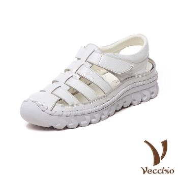 【VECCHIO】全真皮縫線魔鬼粘厚底羅馬涼鞋/全真皮頭層牛皮手工縫線魔鬼粘厚底羅馬涼鞋 女鞋 白