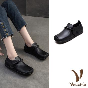 【VECCHIO】真皮方頭雙色包根一字帶休閒鞋/真皮頭層牛皮復古方頭雙色拼接包根一字帶休閒鞋 女鞋 黑