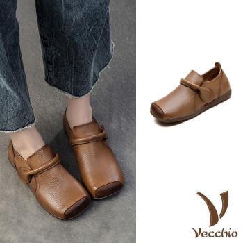 【VECCHIO】真皮方頭雙色包根一字帶休閒鞋/真皮頭層牛皮復古方頭雙色拼接包根一字帶休閒鞋 女鞋 棕