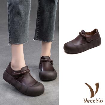 【VECCHIO】真皮包根一字帶餅乾厚底休閒鞋/真皮頭層牛皮包根一字帶時尚餅乾厚底休閒鞋 女鞋 棕