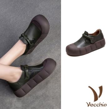 【VECCHIO】真皮包根一字帶餅乾厚底休閒鞋/真皮頭層牛皮包根一字帶時尚餅乾厚底休閒鞋 女鞋 綠