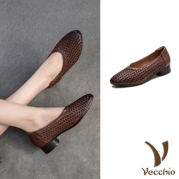 【VECCHIO】全真皮編織尖頭粗跟鞋/全真皮頭層牛皮復古編織尖頭粗跟鞋 女鞋 棕
