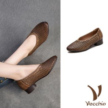 【VECCHIO】全真皮編織尖頭粗跟鞋/全真皮頭層牛皮復古編織尖頭粗跟鞋 女鞋 卡其