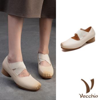 【VECCHIO】全真皮方頭交叉帶圓柱粗跟鞋/全真皮頭層牛皮立體方頭復古交叉帶圓柱粗跟鞋 女鞋 杏