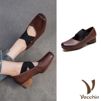 【VECCHIO】全真皮方頭交叉帶圓柱粗跟鞋/全真皮頭層牛皮立體方頭復古交叉帶圓柱粗跟鞋 女鞋 咖