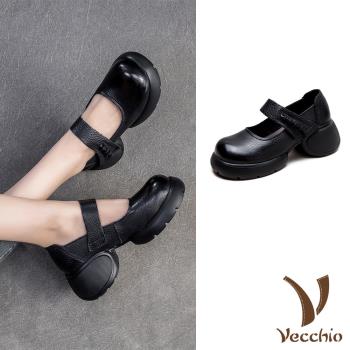 【VECCHIO】真皮擦色魔鬼粘粗跟厚底鞋/真皮頭層牛皮復古擦色設計感魔鬼粘一字帶粗跟厚底鞋 女鞋 黑
