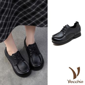 【VECCHIO】真皮繫帶休閒鞋/真皮頭層牛皮立體滾邊繫帶復古休閒鞋 女鞋 黑