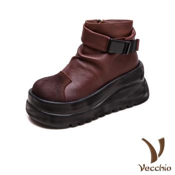 【VECCHIO】全真皮鬆糕厚底皮帶釦飾短靴/全真皮頭層牛皮時尚鬆糕厚底皮帶釦飾短靴 女鞋 棕