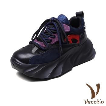 【VECCHIO】真皮撞色厚底休閒鞋老爹鞋/真皮頭層牛皮個性撞色拼貼時尚厚底休閒鞋 老爹鞋 女鞋 黑