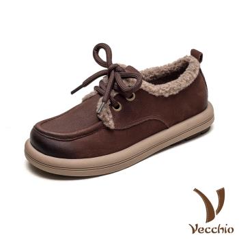 【VECCHIO】真皮保暖絨毛復古休閒鞋/真皮頭層牛皮保暖絨毛繫帶復古休閒鞋 女鞋 咖